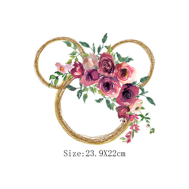 DIY Image Heat Press Transfer Iron on Mickey Mouse Ears Gold with Flowers